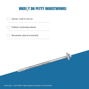 Wkręt do płyty warstwowej Info-GLOBAL AR12 W CSG 5,5/6,3×130 mm, bez lakieru, 100 szt.